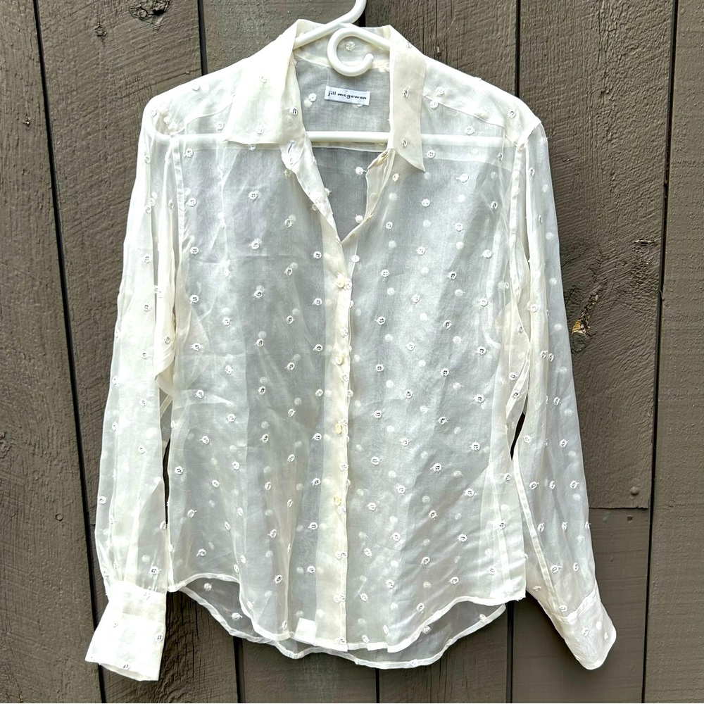Jill McGowan Women’s Silk Beth Sheer Blouse Shirt Cream Sequin Embroidery Size M